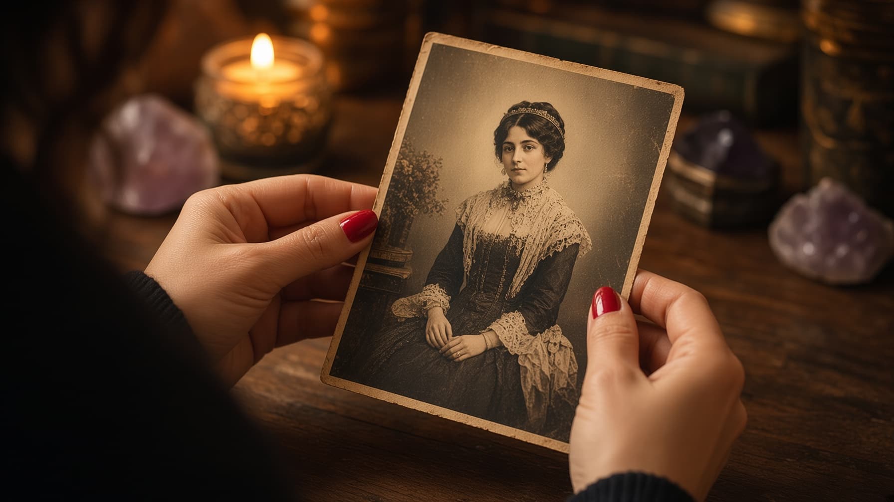 Photo reading — hands holding a photograph by candlelight